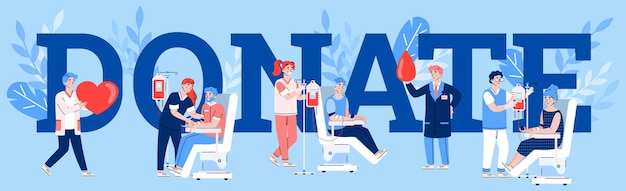 Vector banner with donors sitting in hospital chairs and donate blood