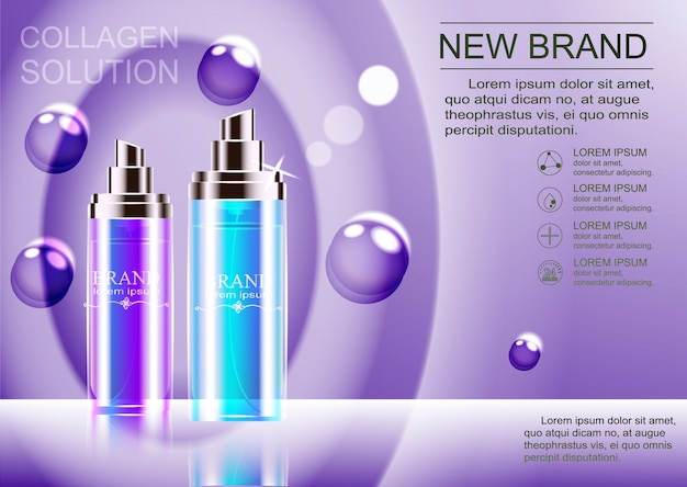 Vector vector banner with realistic set of bottles and jars for face mask, hand cream, body lotion, hair spray on blue background with shining pearls.