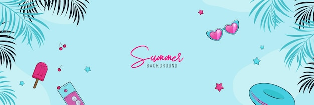 Vector banner with summer items and tropical plants