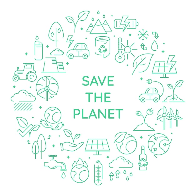 Vector banner with text Save the planet Isolated green climate and eco icons in circle shape