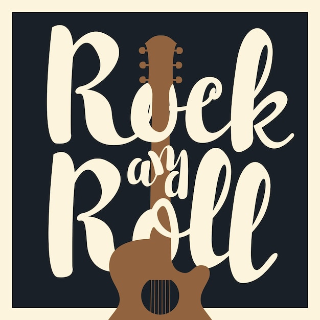 Vector banner with the words rock and roll and an electric guitar