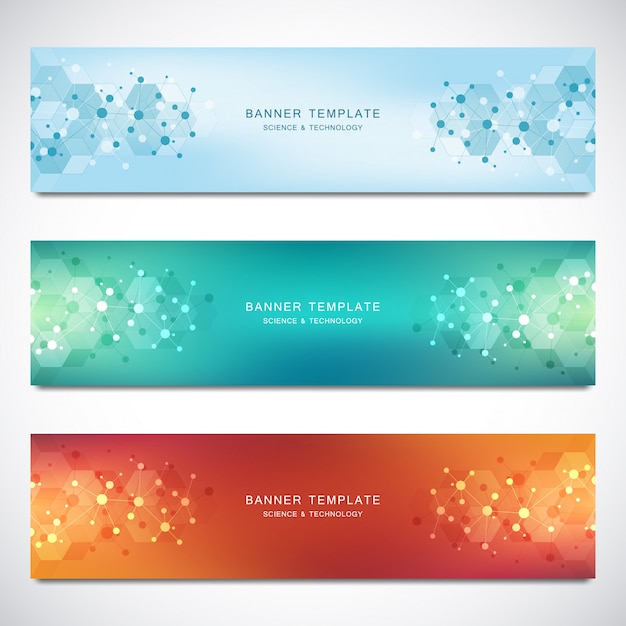 Vector banners and headers for site with molecules background and neural network. genetic engineering or laboratory research.