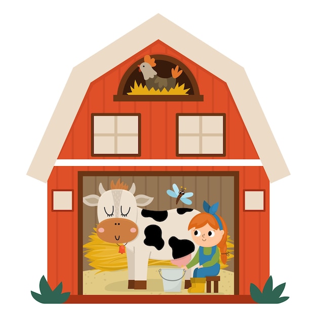Векторная икона сарая с девушкой, доящей корову внутри, изолирована на белом фоне иллюстрация плоского сарая милый красный дровяной сарай с окнами и курицей в гнезде сельская или садовая флигель картинка
