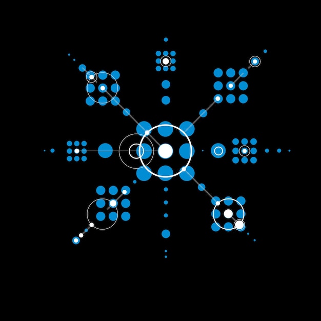 Векторный абстрактный фон Баухауза, выполненный с сеткой и перекрывающимися простыми геометрическими элементами, кругами и линиями. Художественное произведение в стиле ретро, графический шаблон для рекламного плаката.