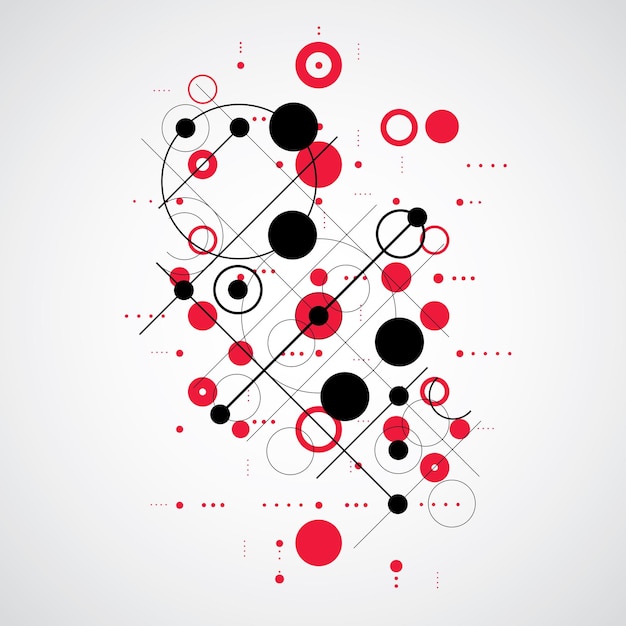 Векторный абстрактный красный фон Баухауза с сеткой и перекрывающимися простыми геометрическими элементами, кругами и линиями. Художественное произведение в стиле ретро, графический шаблон для рекламного плаката.
