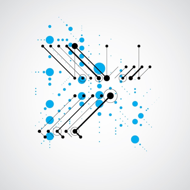 グリッドと重なり合う単純な幾何学的要素、円、線で作られたベクトルバウハウス青い抽象的な背景。レトロなスタイルのアートワーク、広告ポスターのグラフィックテンプレート。