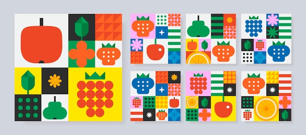 Vector bauhaus fruits banner with abstract geometric pattern