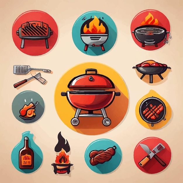 Vector vector bbq grill colored icons set