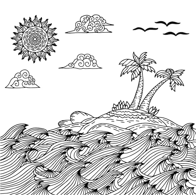 Vector beach landscape outline coloring page Design