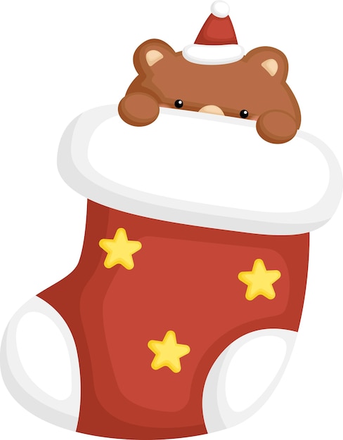 A vector of a bear inside a christmas themed sock