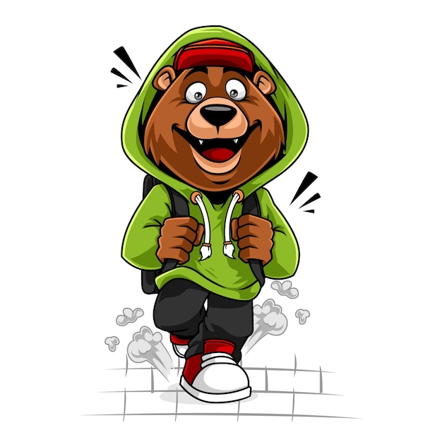 Vector bear running goes to school cute cartoon