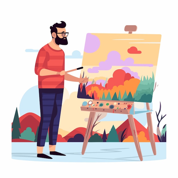 Vector vector of a bearded man painting on an easel