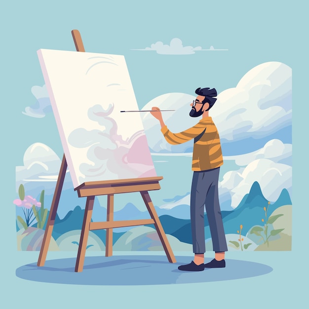 Vector of a bearded man painting on an easel