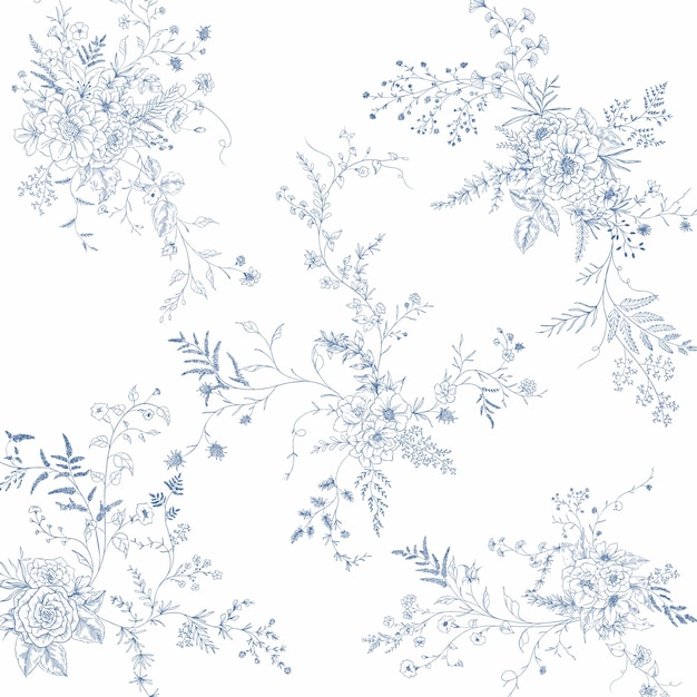 Vector beautiful blue floral wreath hand drawn illustration seamless pattern