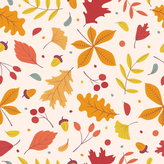 Vector beautiful colorful autumn natural seamless pattern with autumn leaves acorns berries