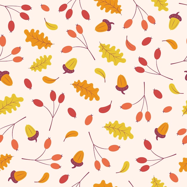 Vector beautiful colorful autumn natural seamless pattern with autumn leaves acorns berries