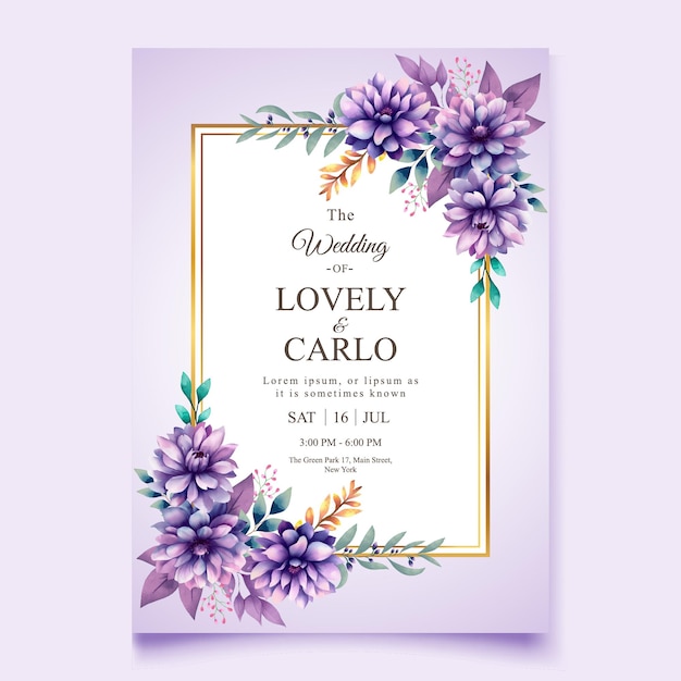 Vector vector beautiful and elegant wedding invitation watercolor purple floral