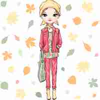 Vector vector beautiful fashion girl with bag in autumn clothes headscarf and boots jacket and jeans