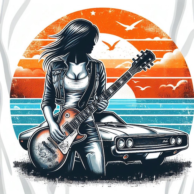 Vector beautiful girl with guitar and vintage car background