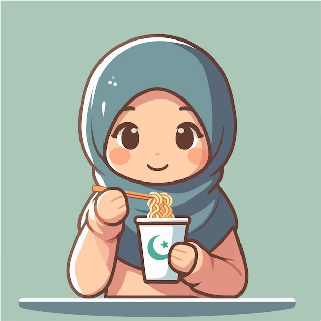 vector beautiful muslim girl eating noodles cartoon icon vector illustration religious icon isolated