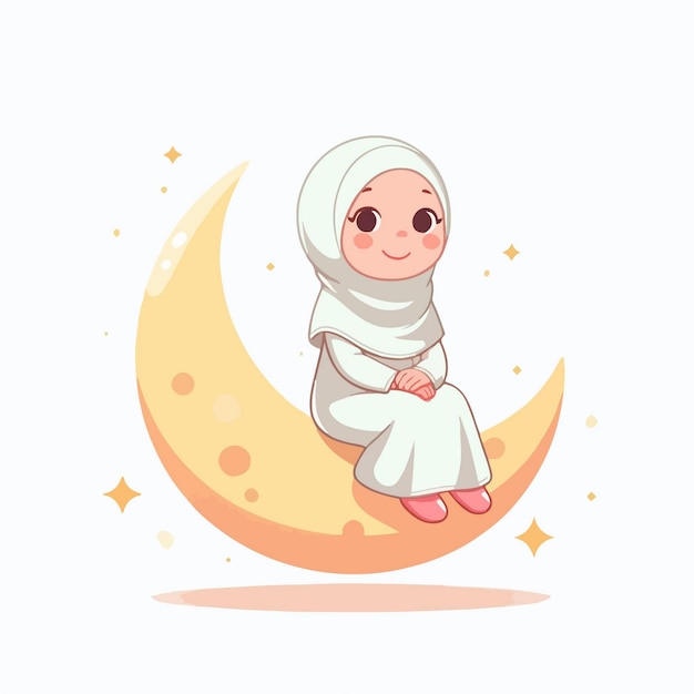 달 위에 앉아 있는 아름다운 무슬림 소녀, 만화 아이콘, 터 일러스트레이션, 종교 아이콘