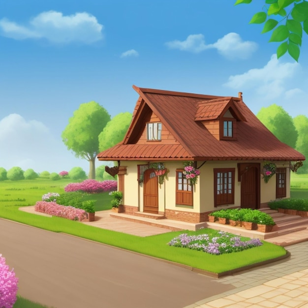 vector beautiful scene with house and garden