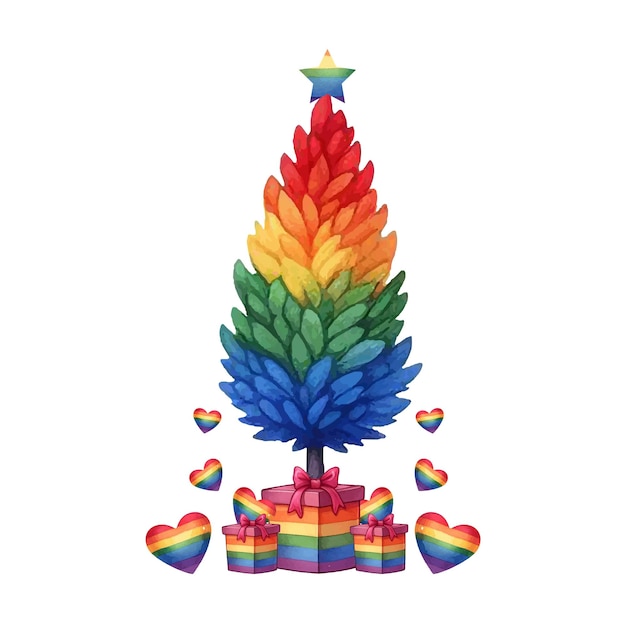 Vector vector beautiful watercolor rainbow christmas tree with rainbow heart lgbt symbol