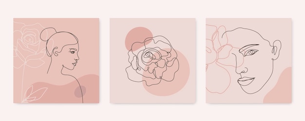 벡터 아름다움 배경 소셜 미디어 스토리 게시물 피드 레이아웃 한 줄 연속 여성 얼굴과 꽃 잎이 있는 삽화 세트 정사각형 모양이 있는 현대 콜라주