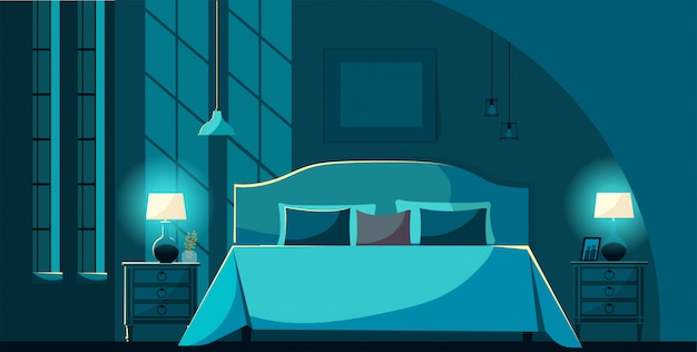 Vector bedroom interior at night with furniture, bed with many pillows in moonlight. Bedroom interior nightstands, lighting lamps and windows. Flat cartoon style vector illustration.