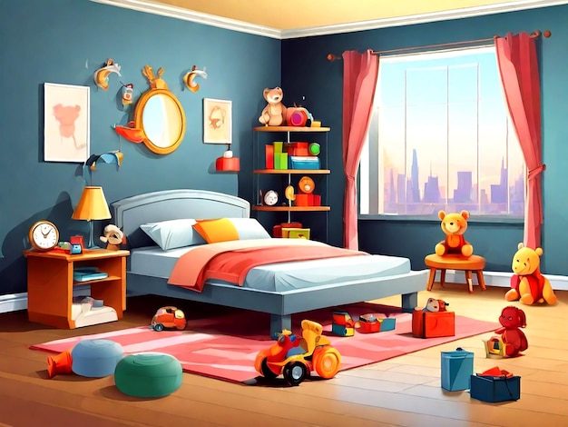 Vector Bedroom scene with bed and many toys in the room isolated