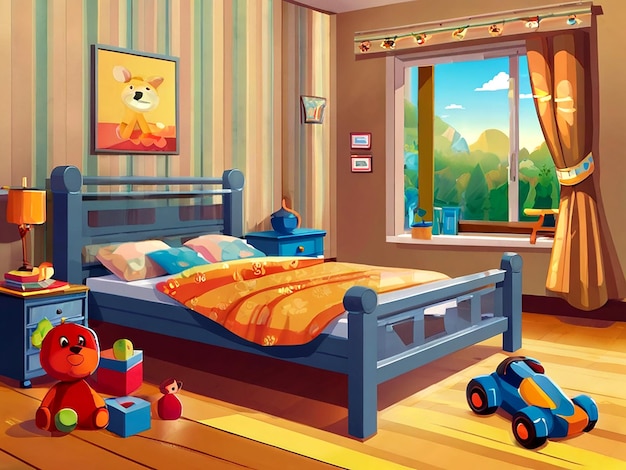 Vector Bedroom scene with bed and many toys in the room isolated