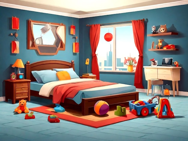 Vector Bedroom scene with bed and many toys in the room isolated