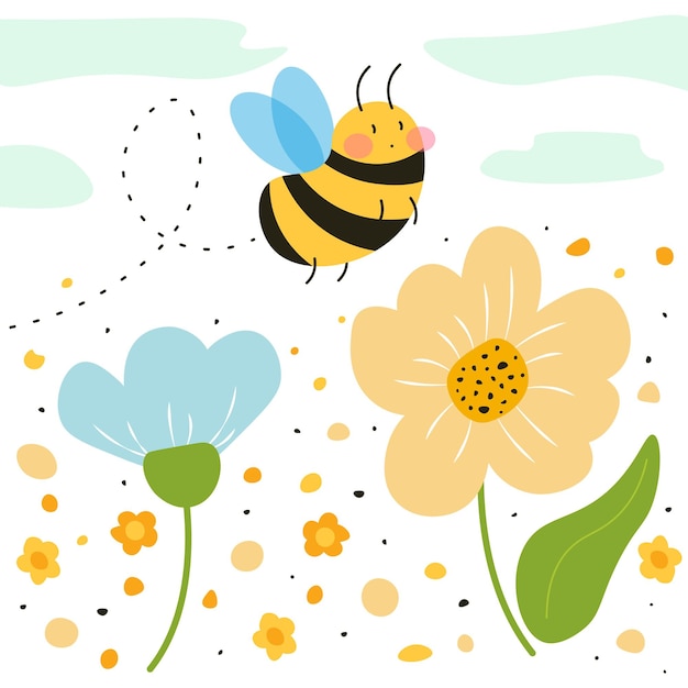 Vector vector bee illustration with flowers