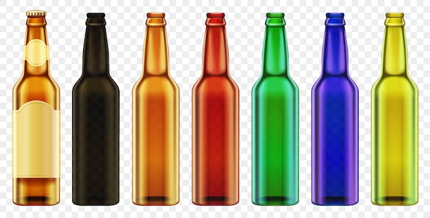 Vector beer bottle color glass isolated. packaging with realistic bottles set.