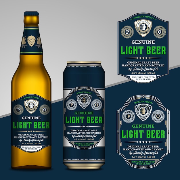 Vector vector beer labels, aluminum can and glass bottle mockups
