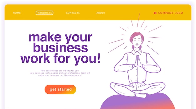 Vector bestemmingspagina ontwerpsjabloon met illustratie van office vrouw in lotus pose mediteren. zakelijke oplossing, online advies, ondersteuning, managementconcept. schets stijl. mobiele app, ui, website