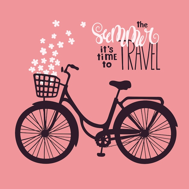 Vector vector bicycle in vintage style. lettering: the summer it is time to travel.