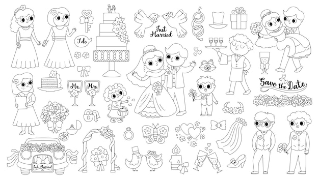 Vector vector big black and white wedding elements set cute marriage line clipart and scenes with bride and groom bridesmaids rings cake just married couple collection funny ceremony coloring pagexa