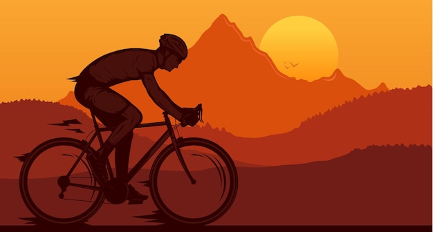 vector biking illustration with a cyclist on a sportbike on a mountain road