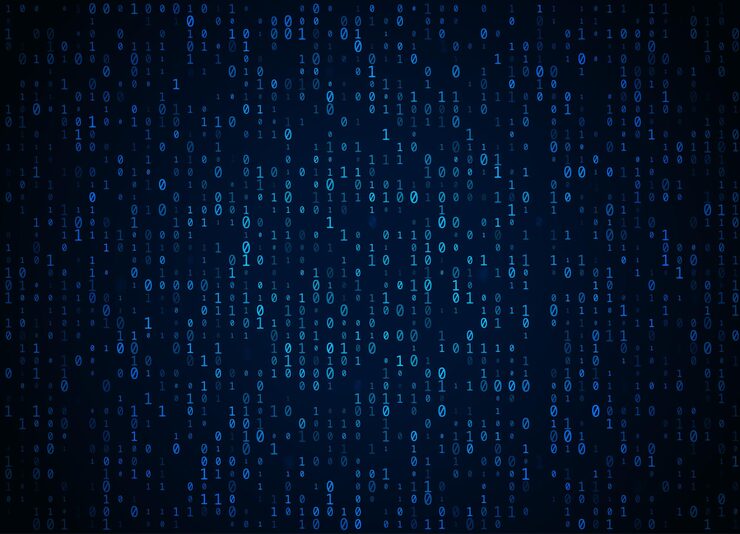 Vector vector binary code dark blue background. big data and programming hacking, deep decryption and encryption, computer streaming numbers 1,0. coding or hacker concept.