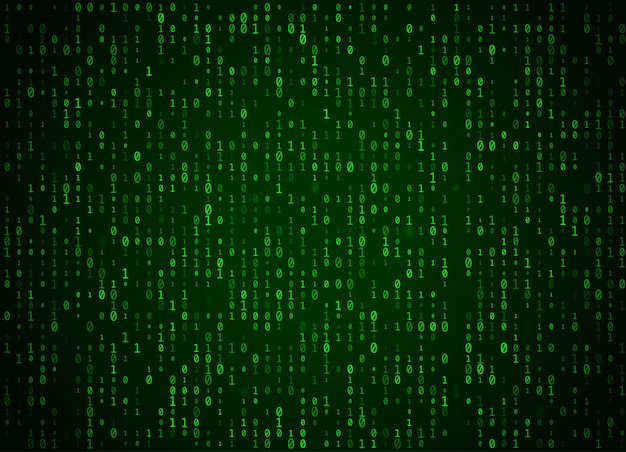 Vector binary code green background. Big data and programming hacking, deep decryption and encryption, computer streaming numbers 1,0. Coding or Hacker concept.