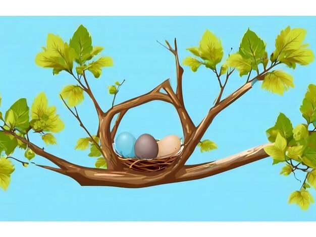 Vector Bird eggs with nest on a tree branch isolated