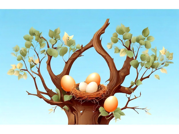 Vector Bird eggs with nest on a tree branch isolated