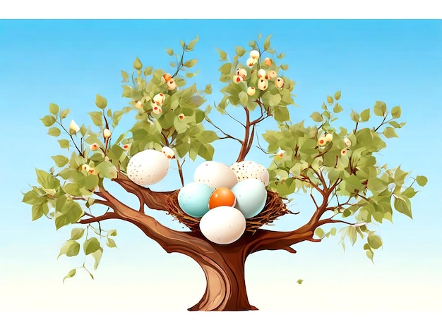 Vector Bird eggs with nest on a tree branch isolated