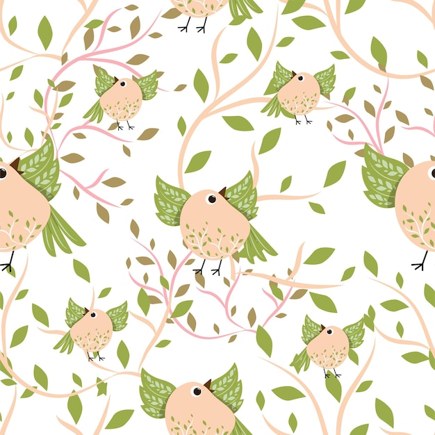 Vector bird sits on a twig with spread wings, spring print with green leaves and twigs