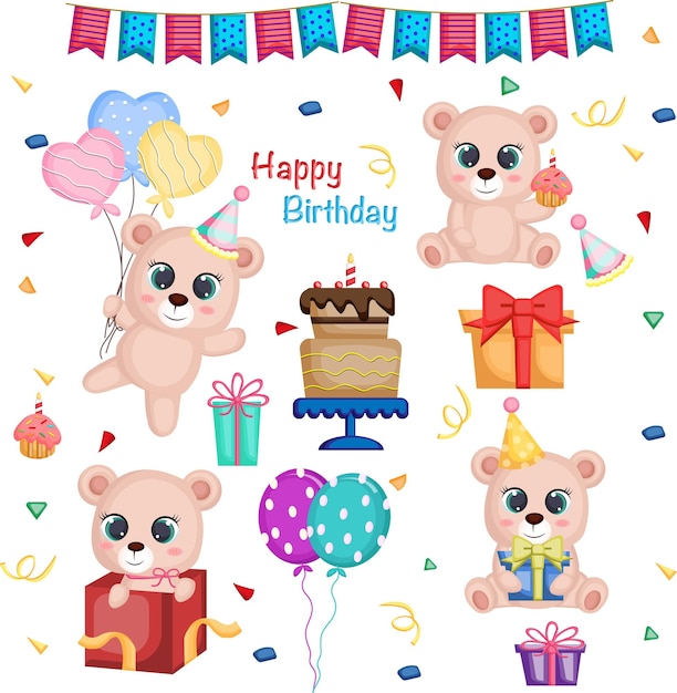 Vector birthday bear vector set