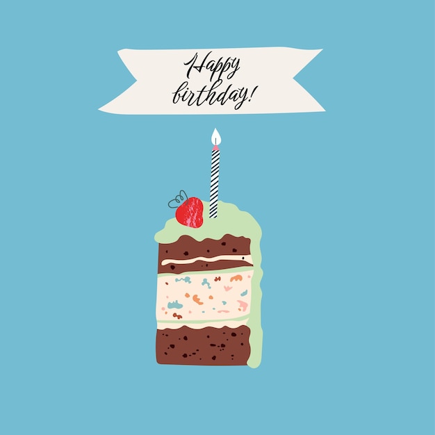 Векторная открытка на день рождения с тортом, свечой, клубникой в мультяшном стиле