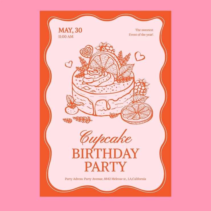 Vector vector birthday invitation with line illustration of cupcake with berries cream orange