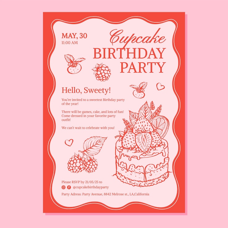 Vector vector birthday invitation with line illustration of cupcake with berries cream raspberry