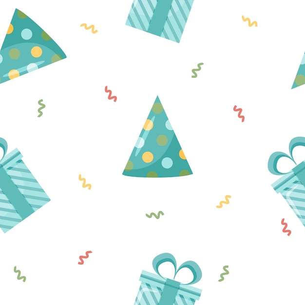 Vector Birthday Objects Seamless Pattern Gift Box and Party Hat